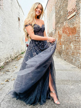 Buy Annakoo 2022 Off The Shoulder Gray Appliques Sheer Prom Formal Dress With Slit Under 188