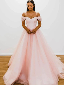 Shop 2022 ANNAKOO Off The Shoulder Pink Tulle  Ball Gown Prom Dress Under 185