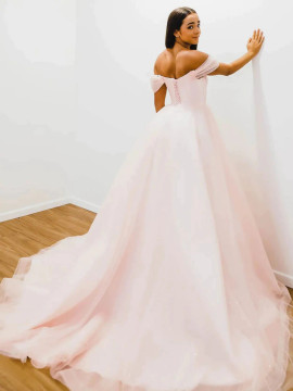 Shop 2022 ANNAKOO Off The Shoulder Pink Tulle  Ball Gown Prom Dress Under 185