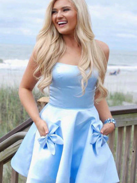 Shop Annakoo 2022 Sky Blue Satin Spaghetti Straps Bowknot Pocket Homecoming Dress Under 135