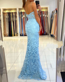 Shop 2022 New Sky Blue Side Slit V-Neck Mermaid Party Prom Dress Under 156