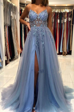 Blue Sexy Glitter Side Slit Evening Prom Dress