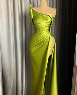 Shop 2022 ANNAKOO  One Shoulder Ruched Satin Green Prom Dress Side Slit Under 179