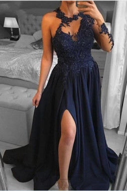 Shop 2022 Annakoo Chiffon Side Split Long One Sleeve Lace Prom Evening Dress Under 138