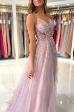 Shop 2022 Spaghetti Straps Pink Beading Tulle Long Formal Prom Dress Under 149