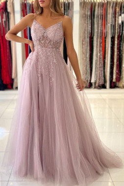 Shop 2022 Spaghetti Straps Pink Beading Tulle Long Formal Prom Dress Under 149