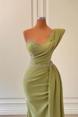 Shop 2022 Annakoo One Shoulder Beadings Green Satin Evening Dress with Side Slit Cape 