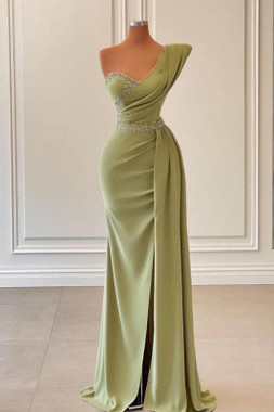 Shop 2022 Annakoo One Shoulder Beadings Green Satin Evening Dress with Side Slit Cape 