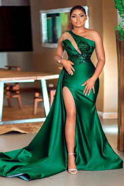 Shop 2022 Annakoo One Shoulder Green Satin Long Prom Dress Side Slit with Detachable Train 