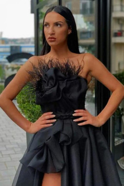 Shop 2022 Black Strapless Side Slit Feather Long Fur Prom Dress Under 189
