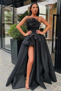 Shop 2022 Black Strapless Side Slit Feather Long Fur Prom Dress Under 189