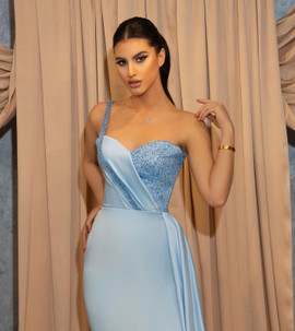 Shop 2022 Blue Sweetheart Side Slit One Shoulder Beadings Satin Long Prom Dress