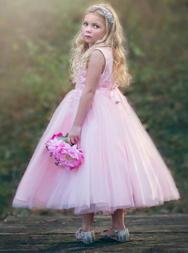 Appliques Beading Scoop Pink Tulle Flower Girl Dress