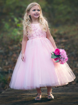 Appliques Beading Scoop Pink Tulle Flower Girl Dress