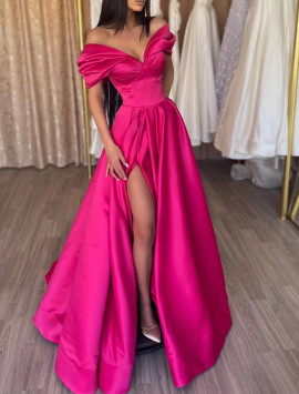 Shop 2022 ANNAKOO High Split Hot Pink Floor Length Off Shoulder Prom Dress Under 129