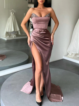 Shop 2022 High Split Strapless Pleats Beading  Satin Prom Dress with Slit Under 156