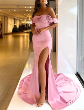 Shop 2022 Annakoo Mermaid Trumpet High Split  Off Shoulder Pink Prom Dress Under 149