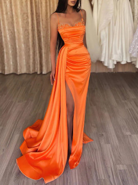 Shop 2022  Orange Spaghetti Straps Satin Trumpet Mermaid Prom Dress Under 138