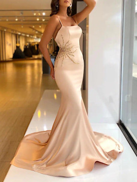 Shop 2022 Mermaid Champagne Satin Beading Long Prom Dress Under 134