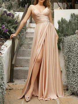 Shop 2022 Annakoo V Neck Champagne Charmeuse Prom Dress with Ruched Slit Under 129
