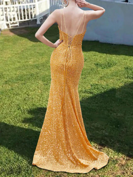 Shop 2022 Spaghetti Strap Gold Sequin Backless Trumpet Mermaid Prom Dress Under 149