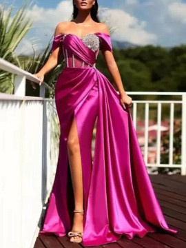 Shop 2022  See Through High Split Fuchsia Satin Beading Prom Dress Under 134