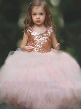 Ball Gown Scoop Sequins Pink Tulle Flower Girl Dress