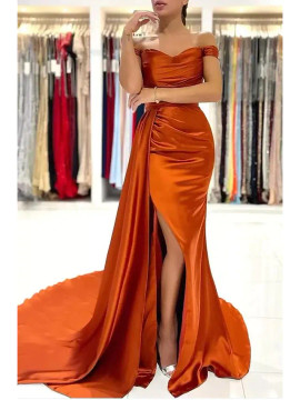 Shop 2022 Annakoo Brown Off The Shoulder Sheath Column Pleats Prom Dress Under 157
