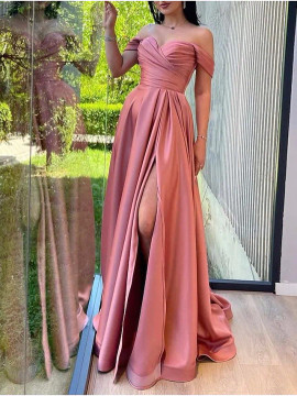 Shop 2022 Annakoo High Split Pink Pleats Off The Shoulder Prom Dress With Slit Under 134