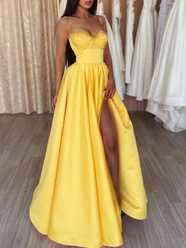 Shop 2022 ANNAKOO Yellow Satin Spaghetti Strap A Line Prom Dress With Slit Under 134