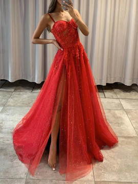 Shop 2022 ANNAKOO Red Spaghetti Strap Tulle Floral A Line Prom Dress With Slit Under 158