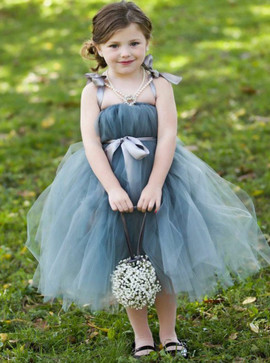 Lovely Sage Tulle Straps Mid Calf  Flower Girl Dress with Sash