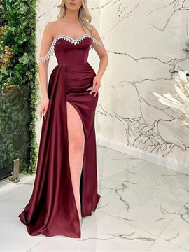 Shop 2022  Off The Shoulder Beading Burgundy Satin Prom Dress With Slit Under 188