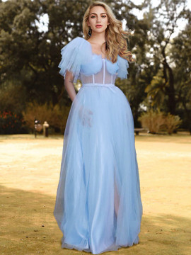 Shop 2022 Annakoo Off The Shoulder Tulle See Through Blue Prom Dress Under 167