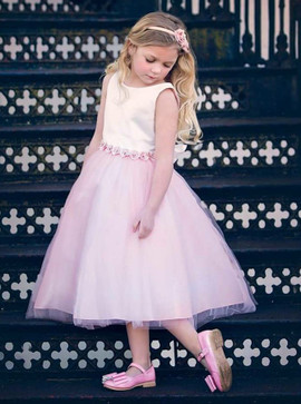  Appliques Scoop Ankle Length Pink Tulle Flower Girl Dress