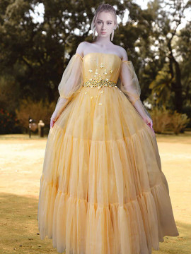 Shop 2022 ANNAKOO Yellow Ball Gown Long Sleeve Beading Tulle Prom Dress Under 163
