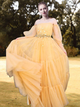 Shop 2022 ANNAKOO Yellow Ball Gown Long Sleeve Beading Tulle Prom Dress Under 163