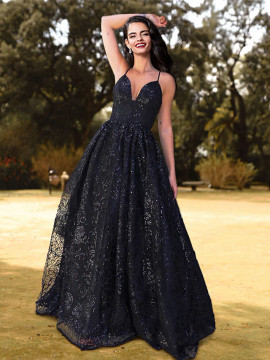 Shop 2022 ANNAKOO Black Sequin A Line Criss Cross Back Prom Dress Under 154