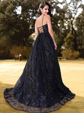 Shop 2022 ANNAKOO Black Sequin A Line Criss Cross Back Prom Dress Under 154