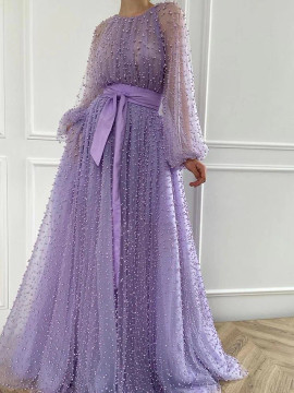 Shop 2022 ANNAKOO Lavender Tulle Long Sleeve Beading A Line Prom Dress Under 288