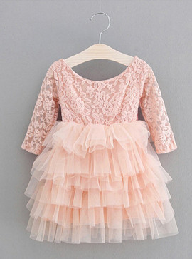Pleated Pink A-Line Scoop Tulle Flower Girl Dress with Flowers