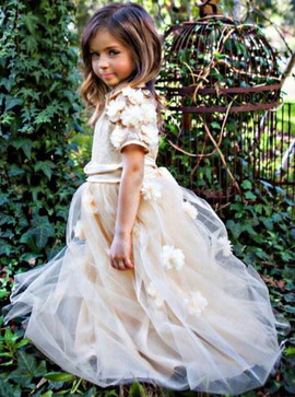Lace Appliques Champagne Tulle Flower Girl Dress with Flowers