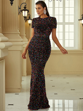 Shop 2023 ANNAKOO Colorful Mermaid Sequin Backless Short Sleeve Prom Dress Under 99