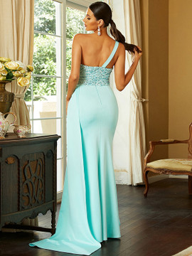 Shop 2023 ANNAKOO Mint One Shoulder Satin High Low Ruched Prom Dress Under 99