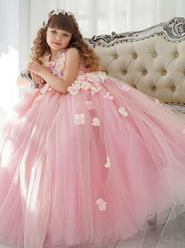 Cute Handmade Flowers Pink Tulle Flower Girl Dress