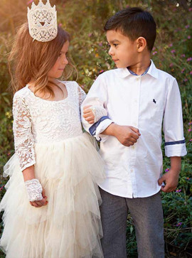  Long Sleeve Tired White Tulle Flower Girl Dress with Lace