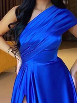 Shop 2023 ANNAKOO Blue Satin A Line One Shoulder Prom Dress With Slit Under 123