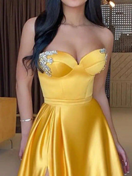 Shop 2023 ANNAKOO Gold A Line Beading Sweetheart Satin Prom Dress With Slit Under 147