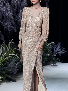 Shop 2023 ANNAKOO Gold Long Sleeve Sheath Column Sequin Prom Dress With Slit Under 123