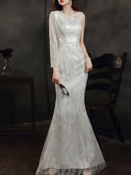 One shoulder Long Sleeve Sequin Champagne Prom Dress